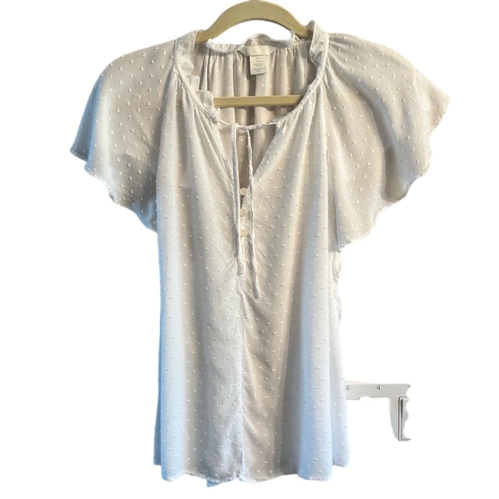 H&M Women’s Blouse white clipped dot lightweight tie front cotton  size 4